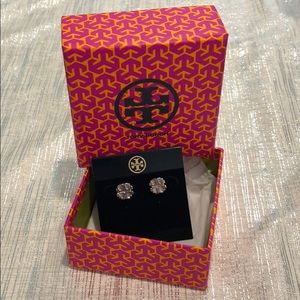 New Tory Burch Silver Logo Stud Earrings